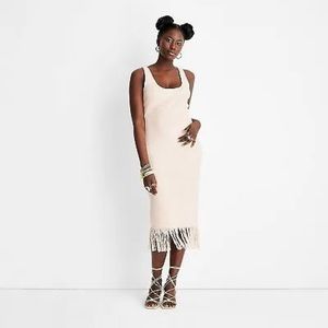 Sleeveless Fringe Hem Knit Midi Dress - Cream